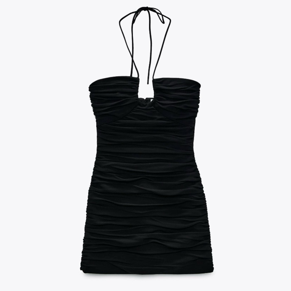 Zara Draped Ruched Bodycon Black Mini Dress Size Small Sleeveless Strapless